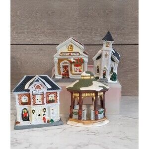 Mini Christmas Village 4" Porcelain S4 Victorian Church Candy Shop Train Station